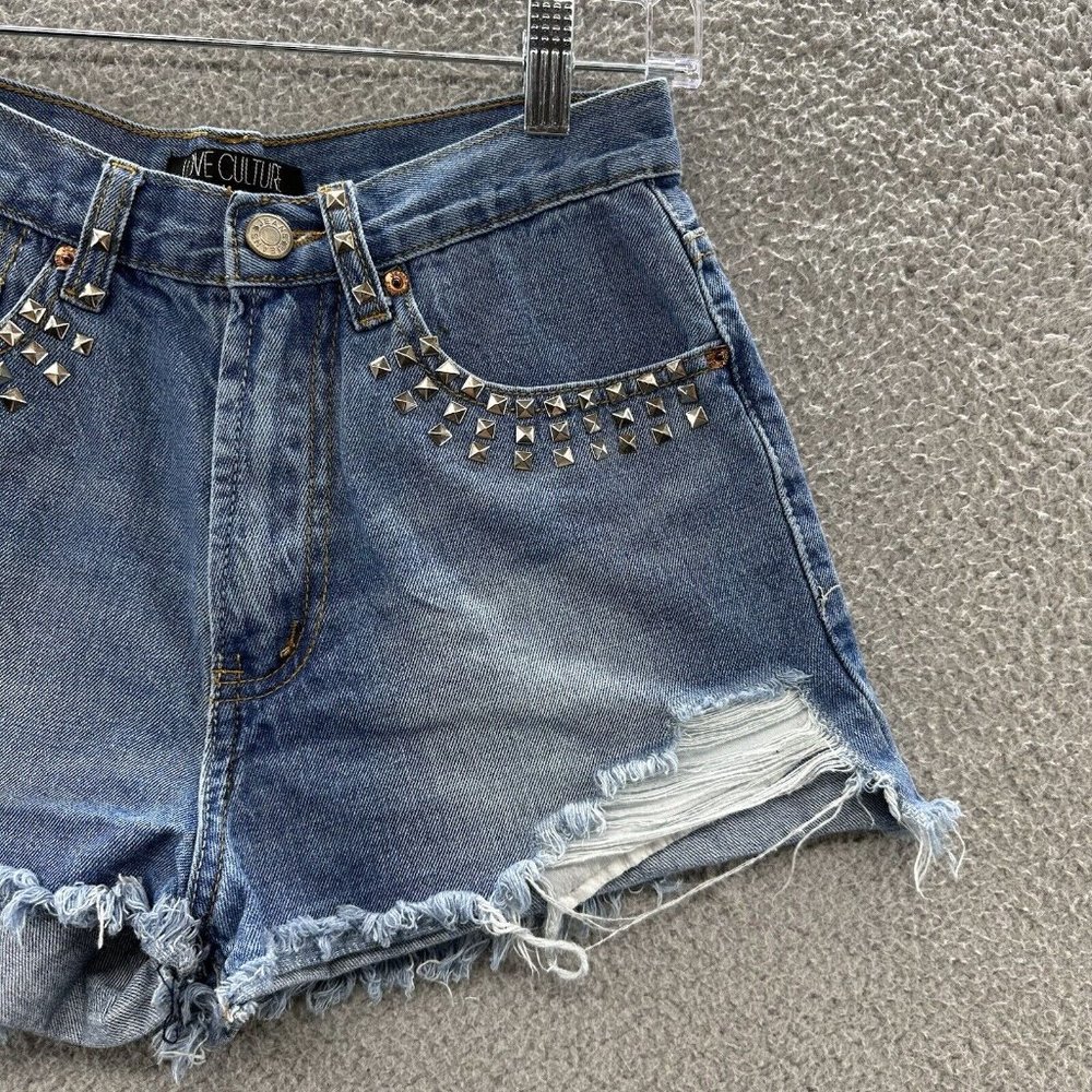Love Culture Shorts Junior's Medium Blue Denim Distressed Studded Shorts Size M - Picture 2 of 16